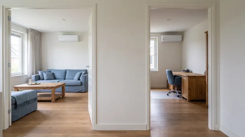 Sfeerbeeld van een woonkamer en aparte werkkamer, elk met een eigen airco binnenunit