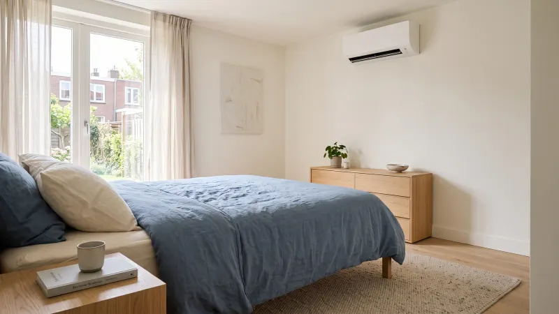Sfeerbeeld van een slaapkamer met blauw bedlinnen en één airco aan de wand