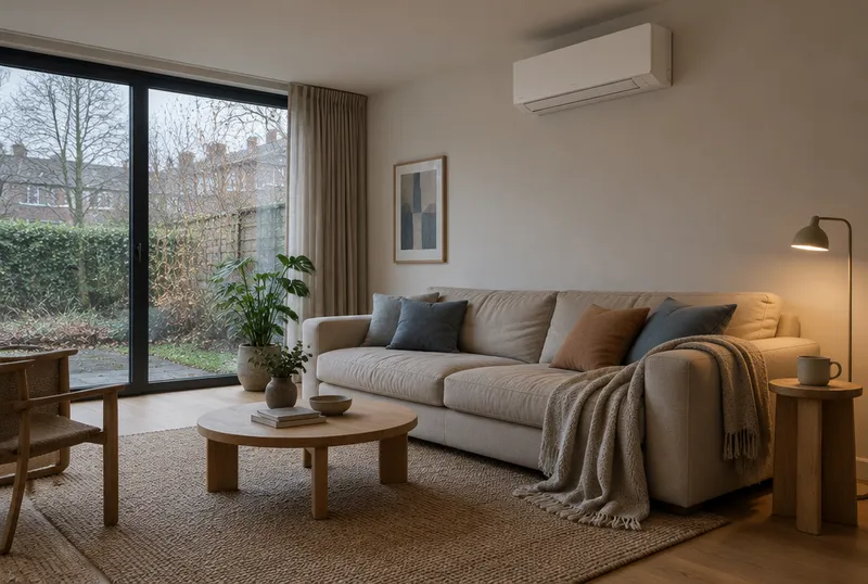 Sfeerbeeld van een woonkamer met een airco boven de bank