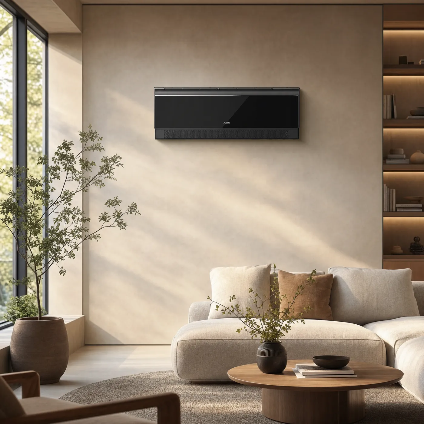 Zwarte AUX Q-Smart binnenunit in een lichte woonkamer