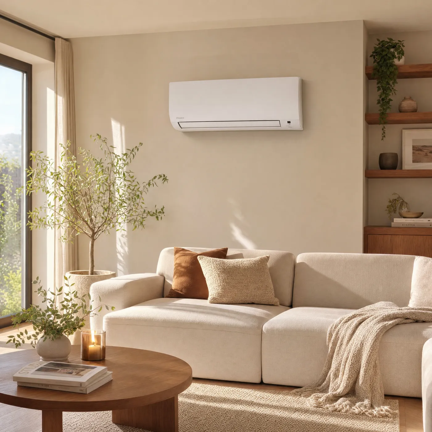 Daikin Comfora airco-binnenunit boven een bank in een lichte woonkamer