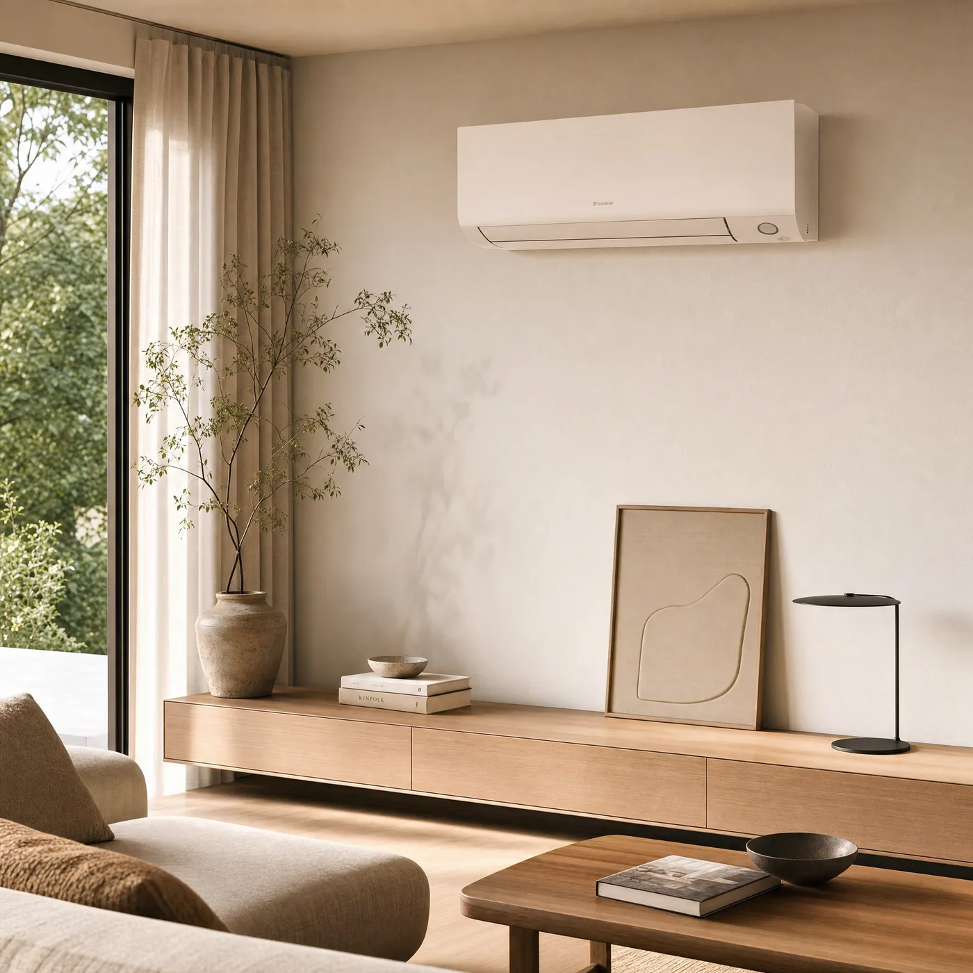 Daikin Perfera airco-binnenunit boven een houten dressoir