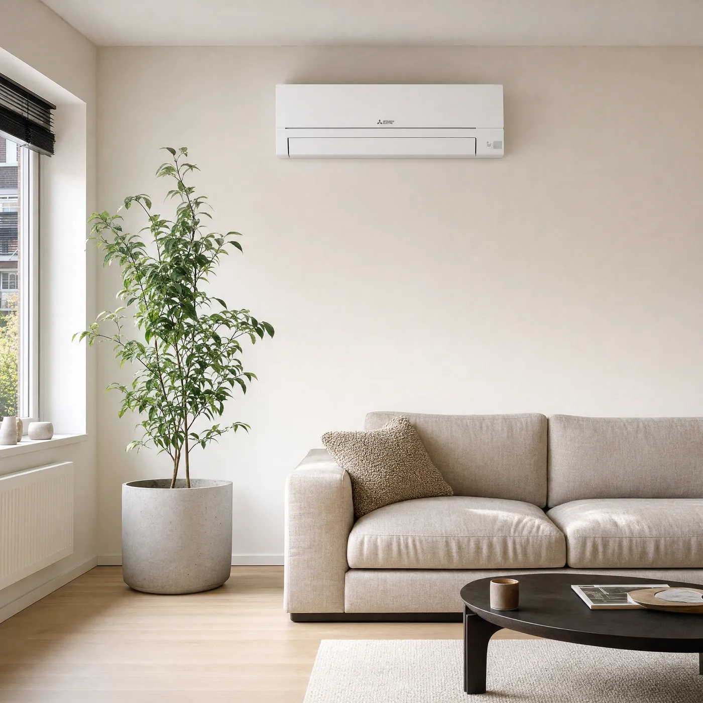 Mitsubishi Electric MSZ-HR airco aan de wand in een lichte woonkamer
