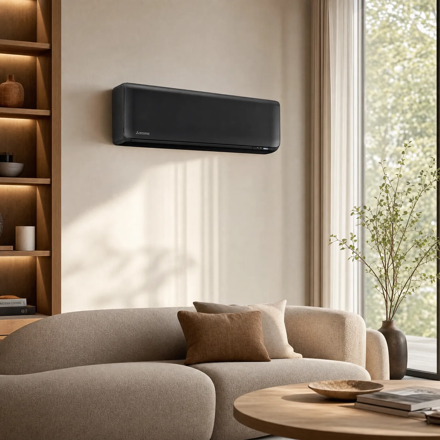 Zwarte airco-binnenunit in een moderne woonkamer