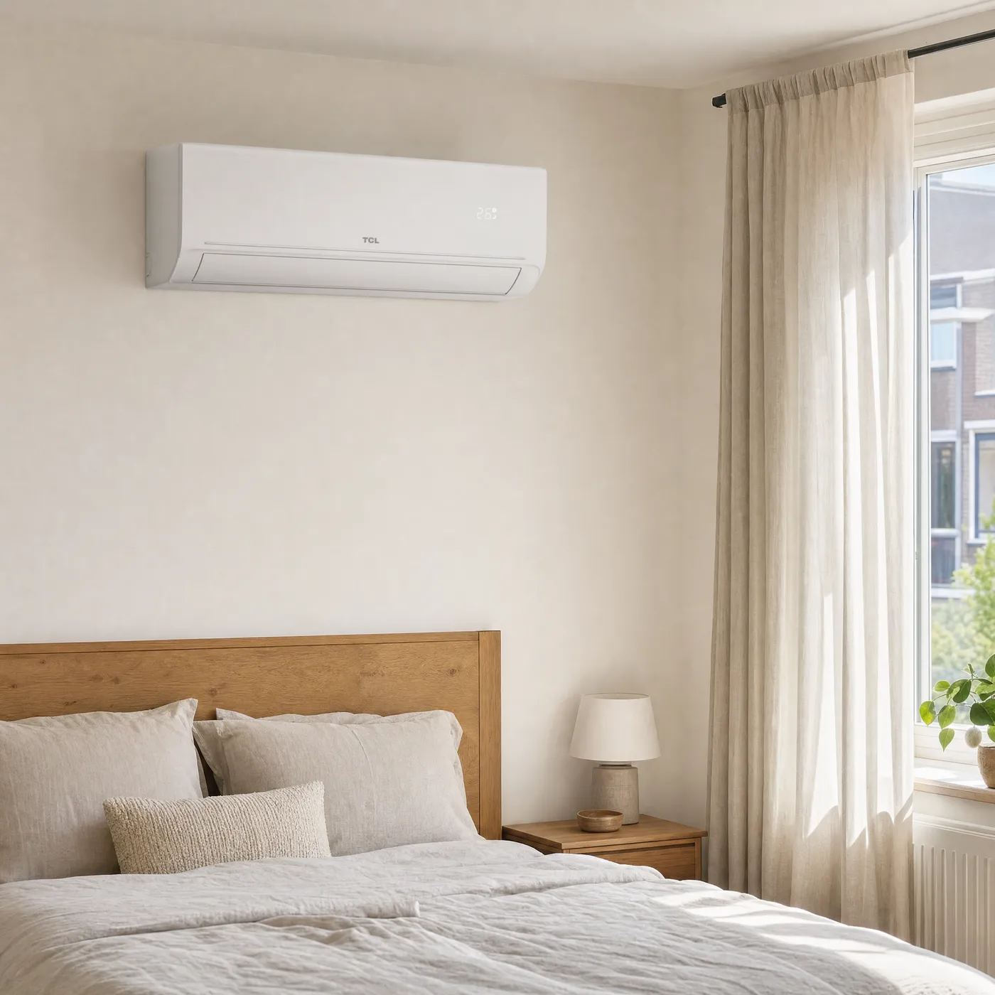 TCL TAC-CHSD airco aan de wand in een lichte slaapkamer