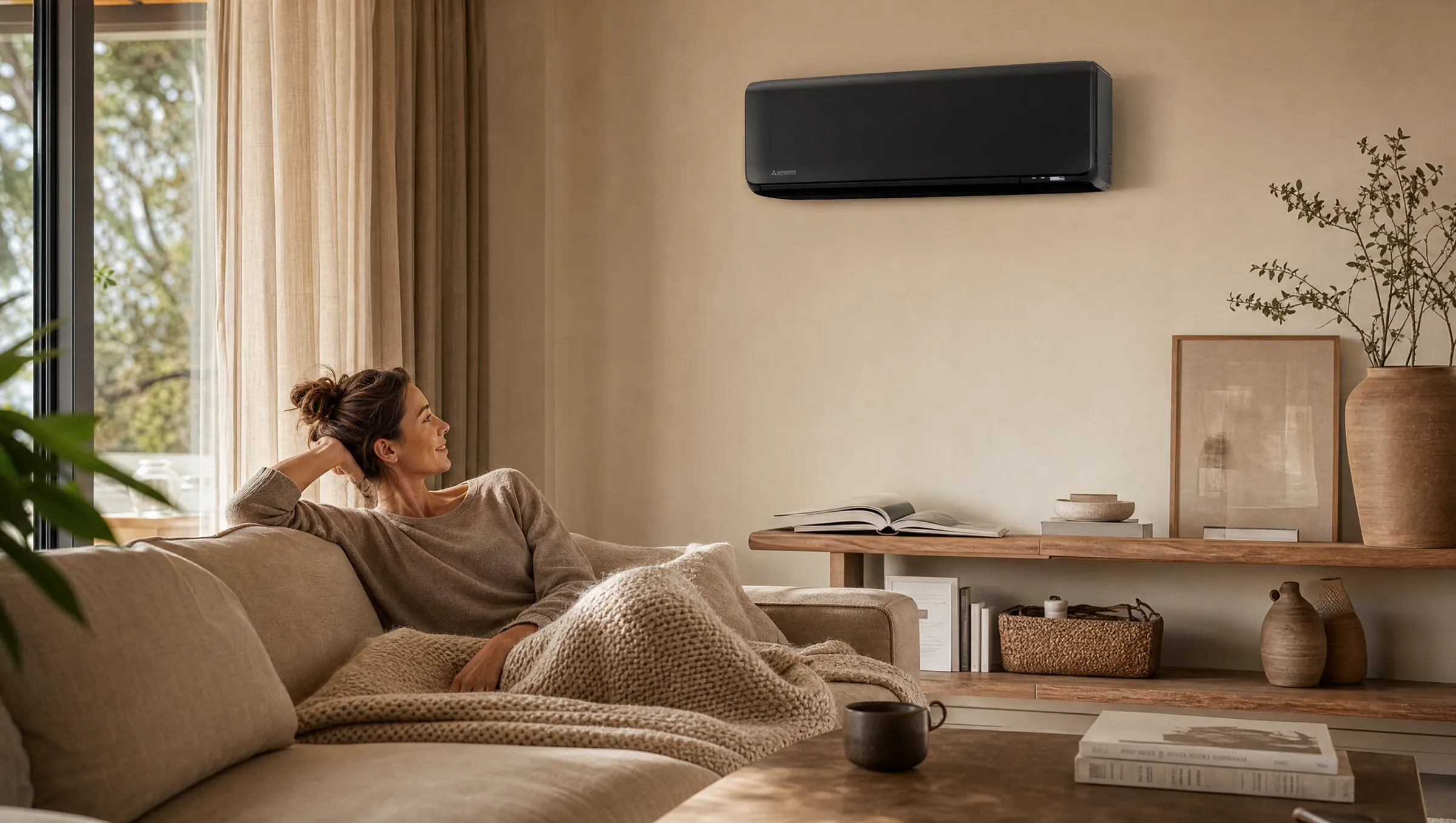 Vrouw ontspant op de bank onder een zwarte Mitsubishi Heavy airco — fluisterstil comfort van Clyma.