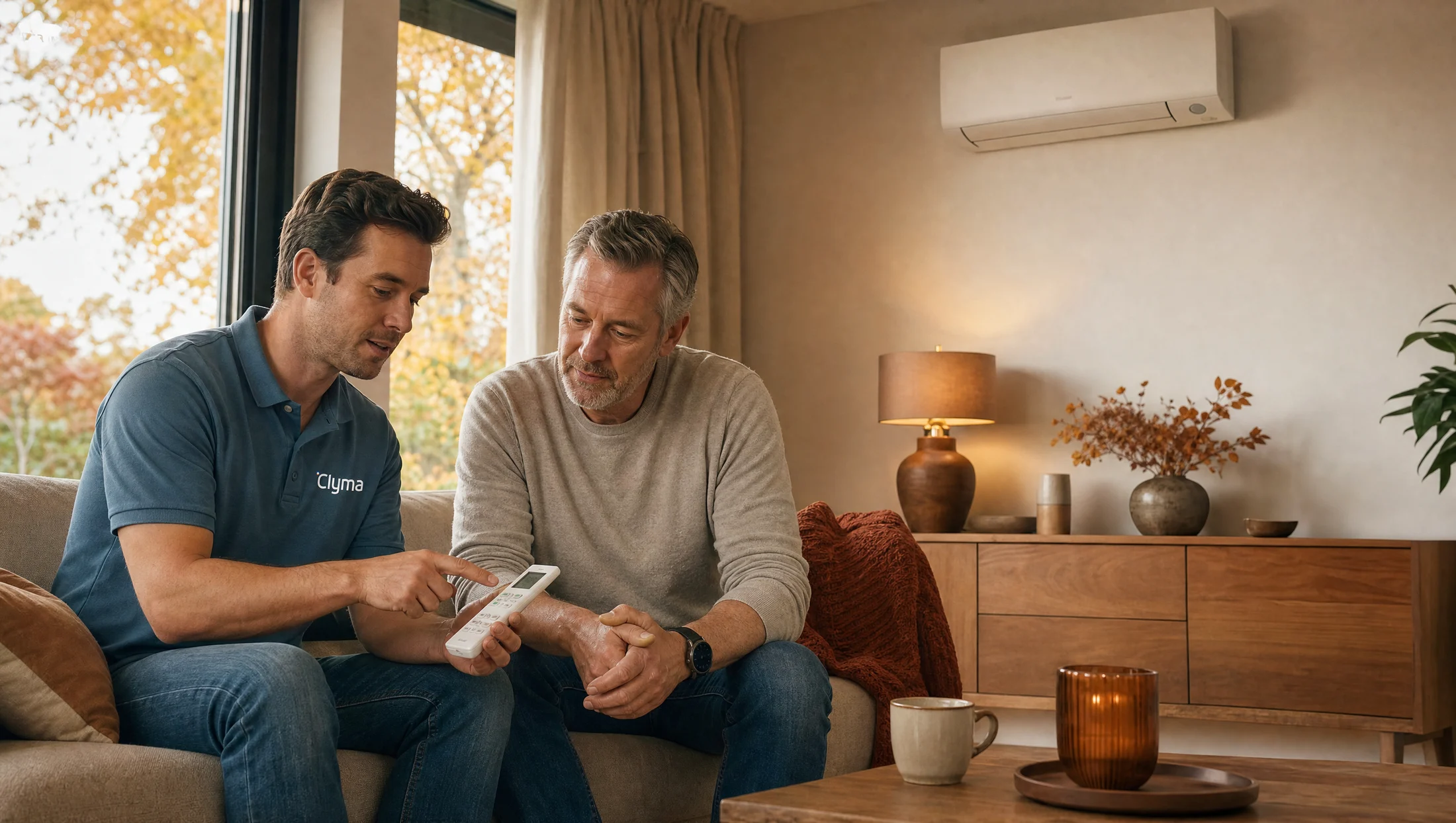 Clyma adviseur geeft thuis uitleg over de bediening van een airco