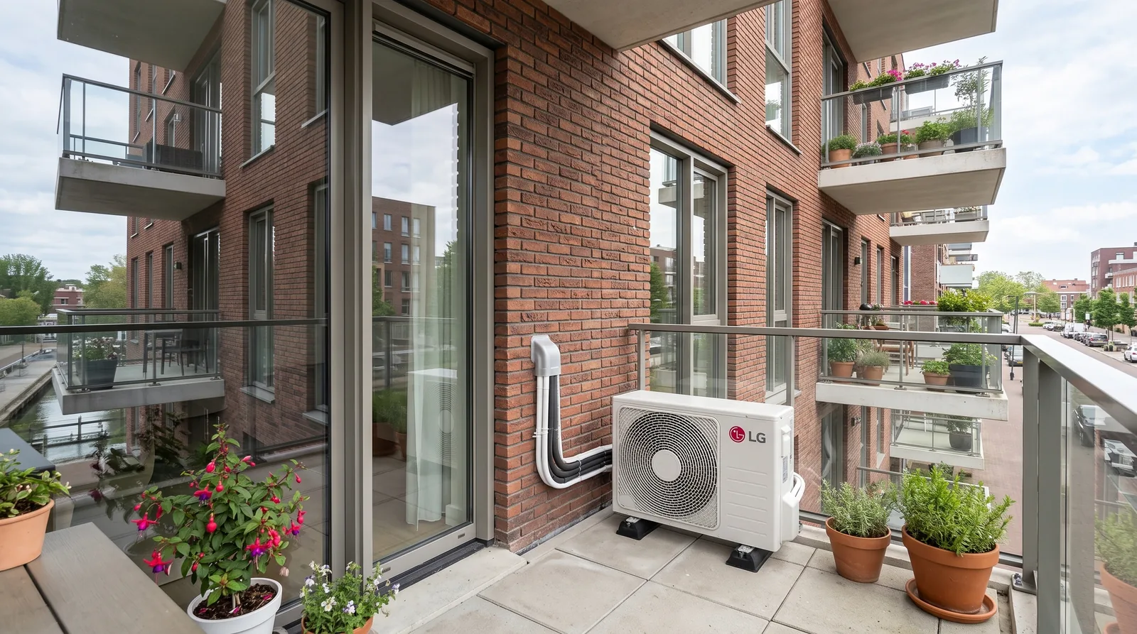 LG airco-buitenunit op het balkon van een Nederlands appartementencomplex
