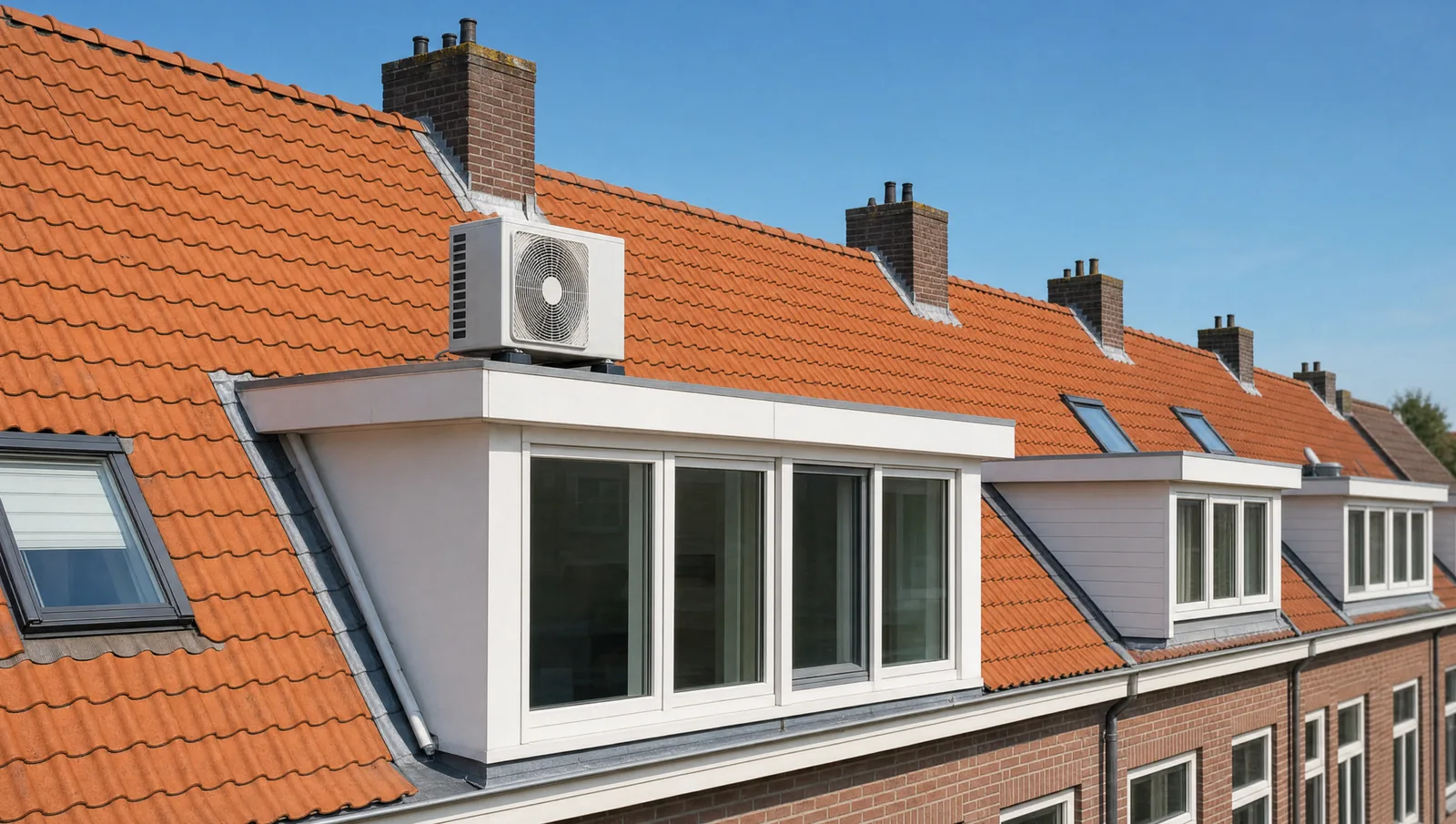 Airco-buitenunit op het platte dak van een dakkapel