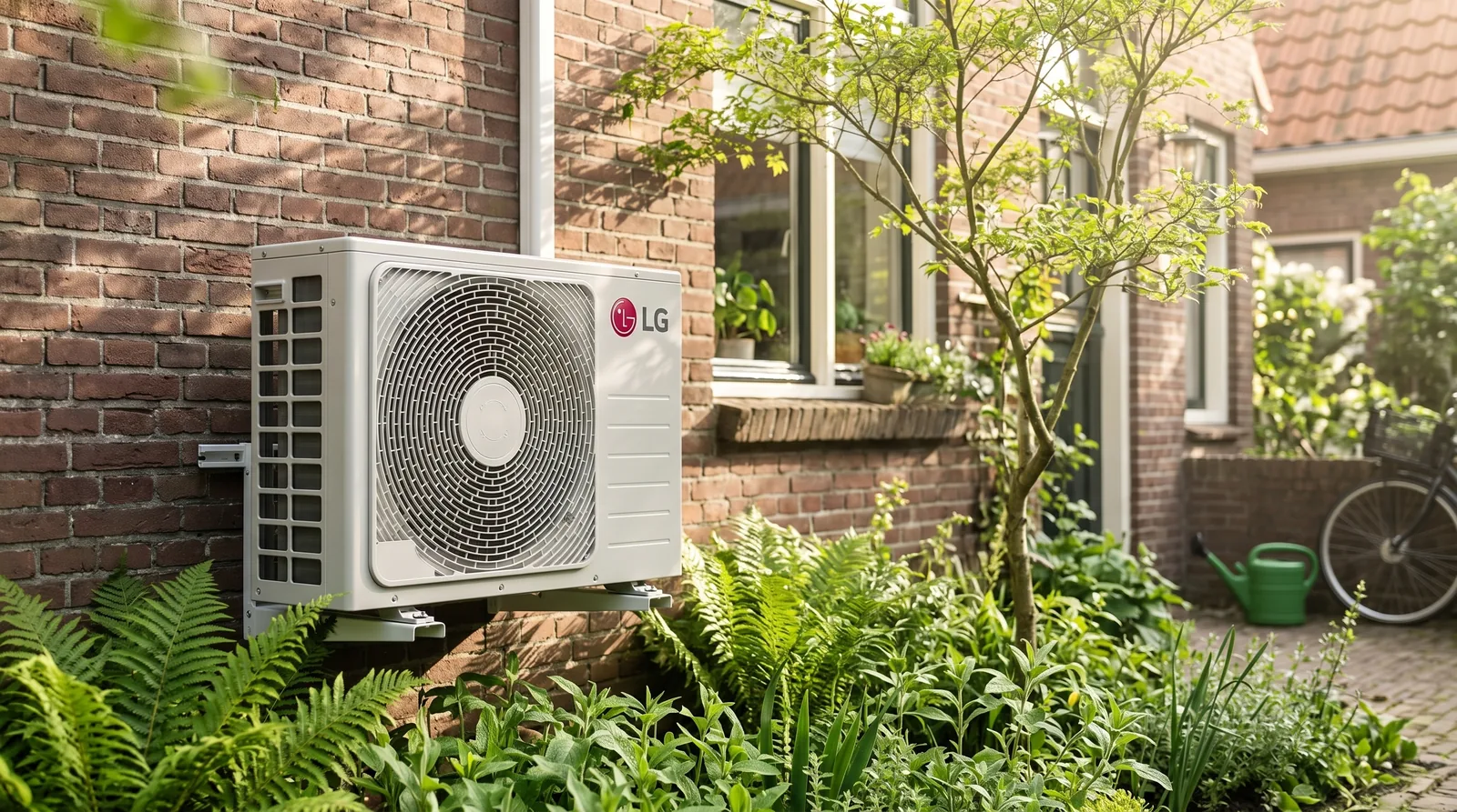 LG airco-buitenunit in een groene Nederlandse tuin