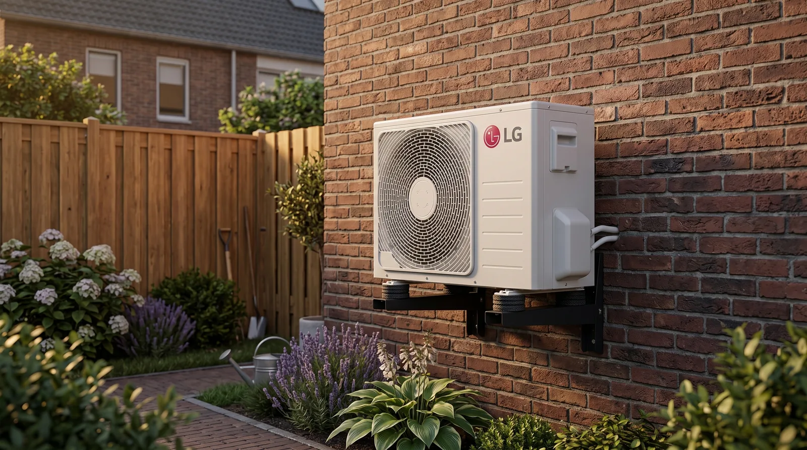 LG airco-buitenunit op trillingsdempers in een Nederlandse achtertuin