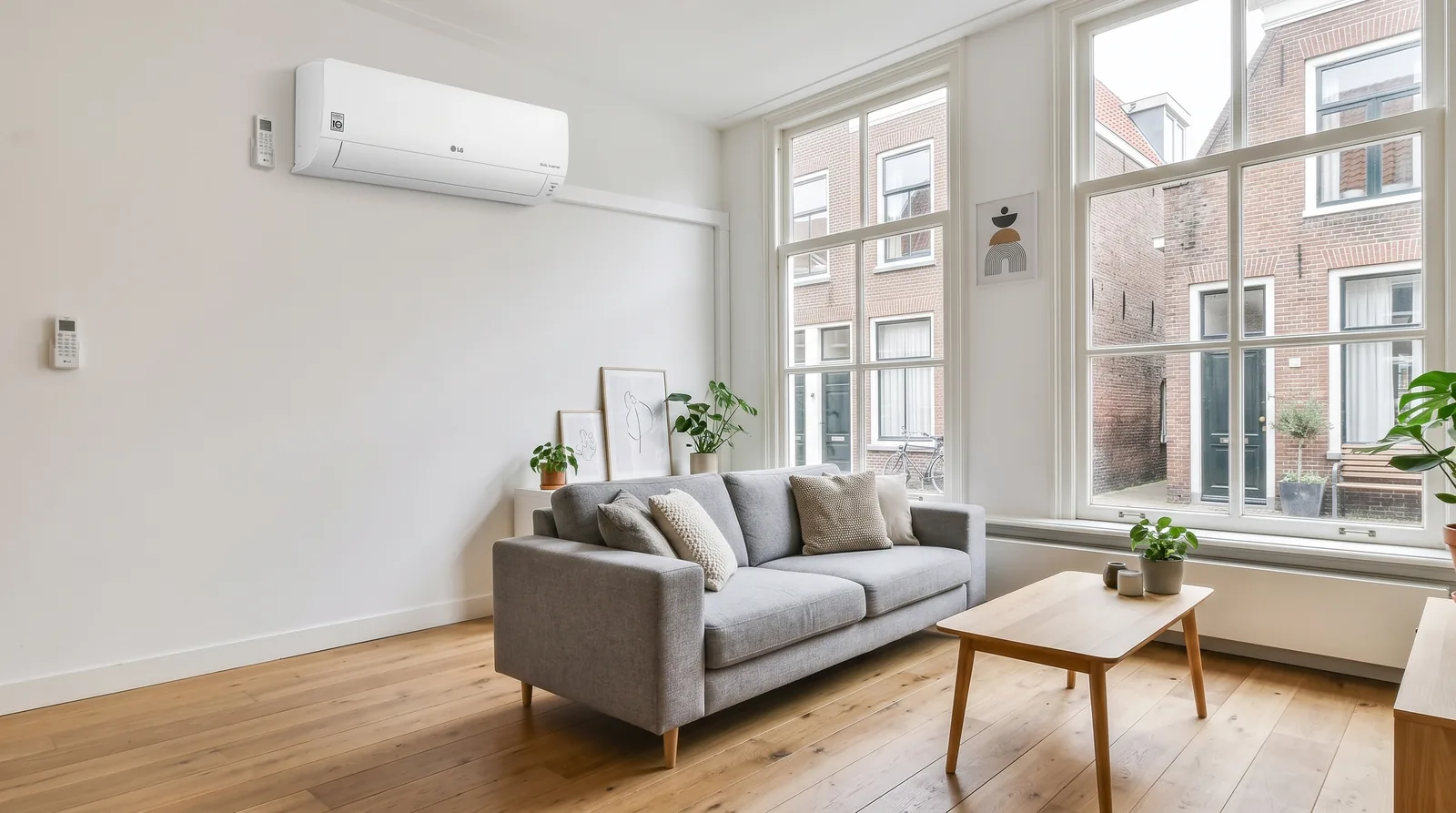 LG airco-binnenunit in een lichte Nederlandse woonkamer