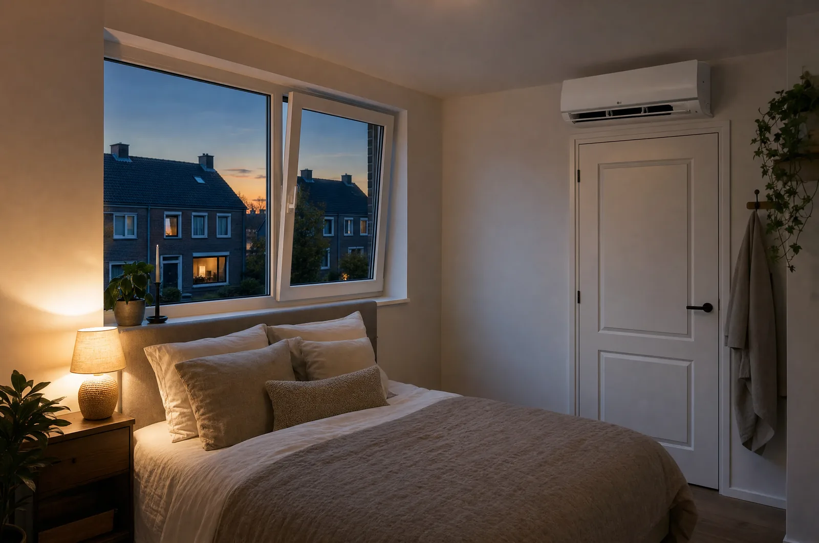 LG wandairco in een Nederlandse slaapkamer in avondlicht