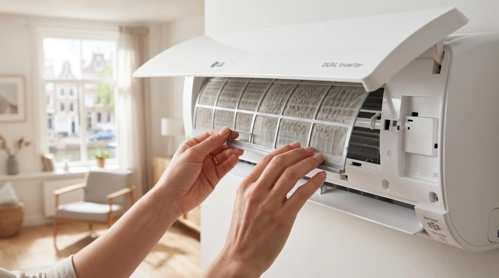 Handen halen een stoffig filter uit een LG airco-binnenunit