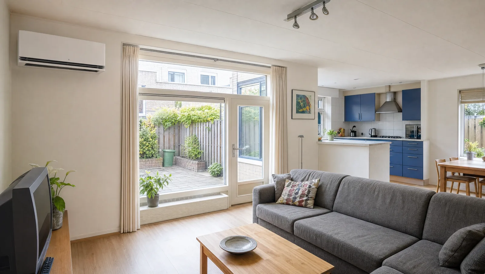 Witte wandairco in een lichte Nederlandse woonkamer
