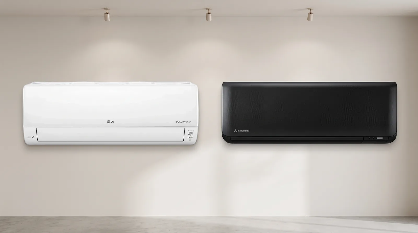 Witte LG en zwarte Mitsubishi Heavy binnenunit naast elkaar aan een showroomwand