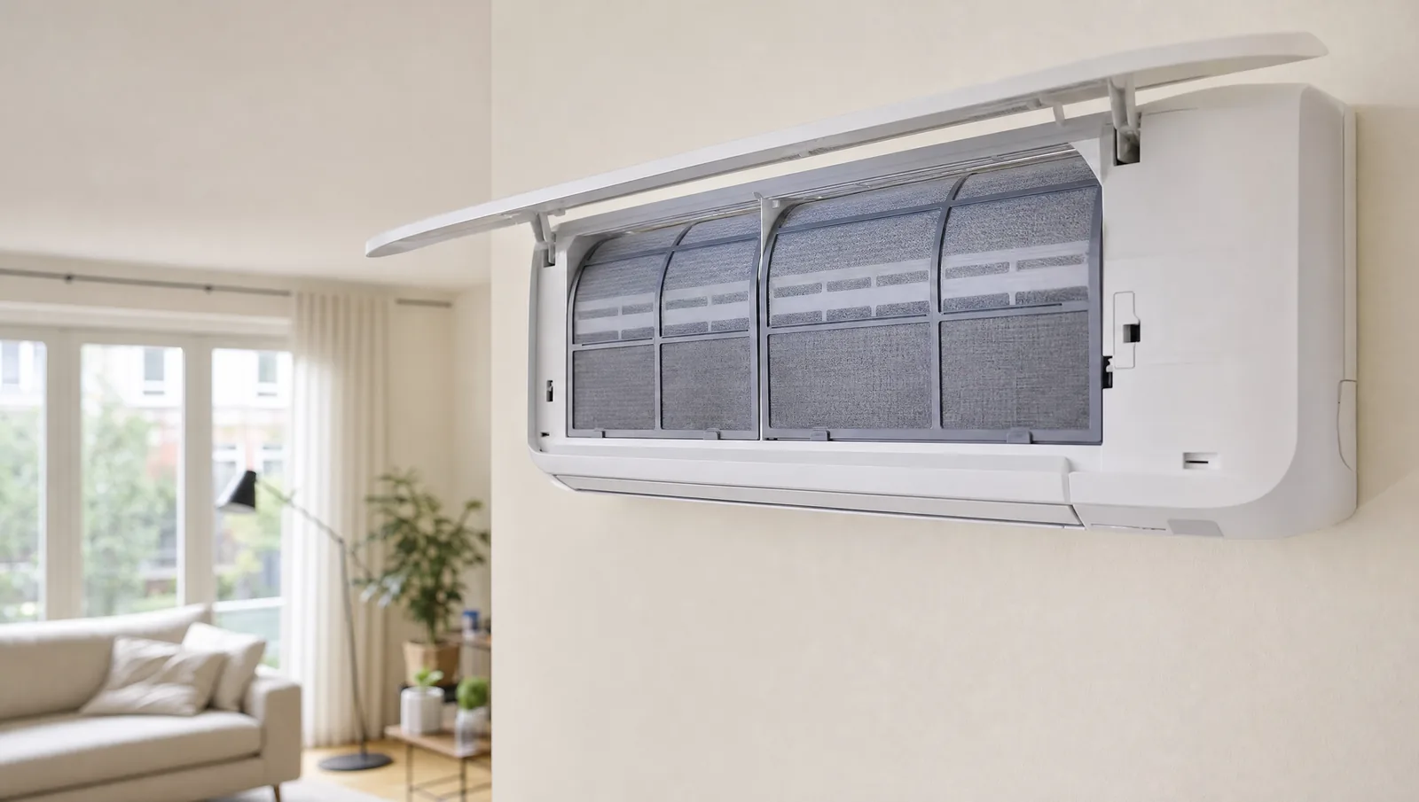 Wandairco met opengeklapte klep en zichtbare luchtfilters
