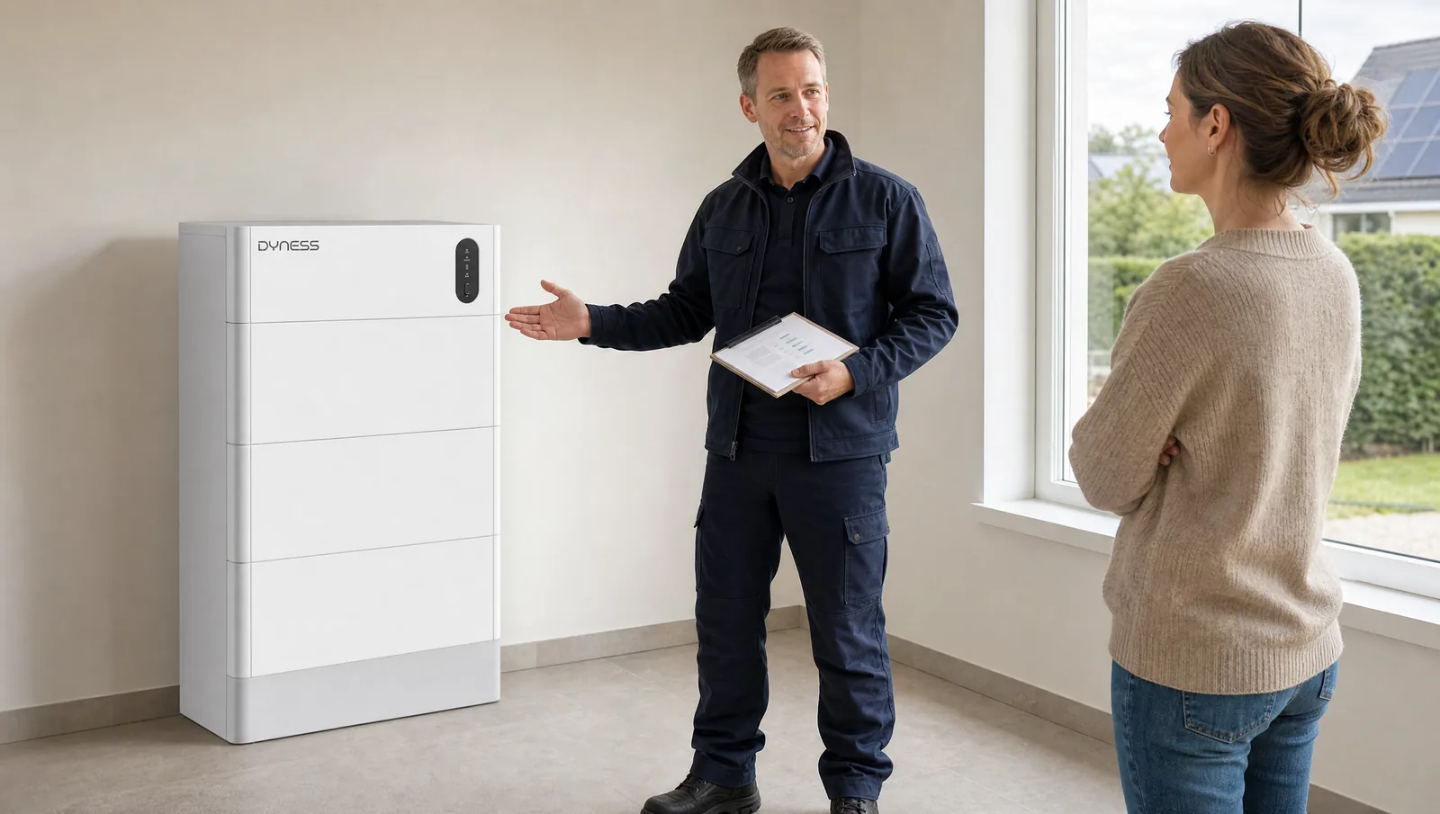 Adviseur legt bij een Dyness thuisbatterij uit hoeveel kWh capaciteit een huishouden nodig heeft