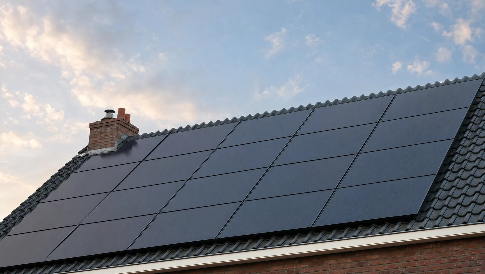 Nederlands pannendak vol zwarte zonnepanelen onder een ochtendlucht