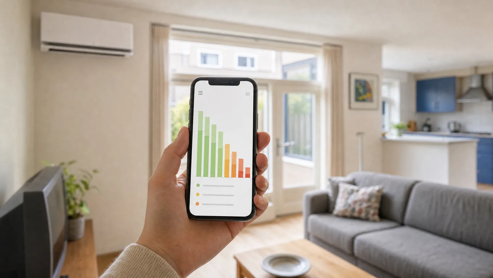 Smartphone met energieverbruik-app, wandairco op de achtergrond