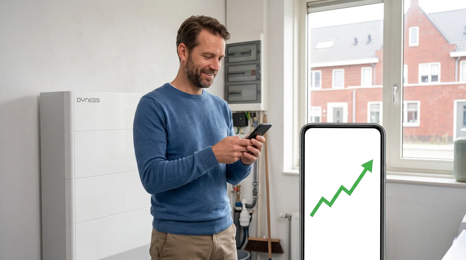 Huiseigenaar bekijkt de opbrengst van zijn thuisbatterij in een energie-app
