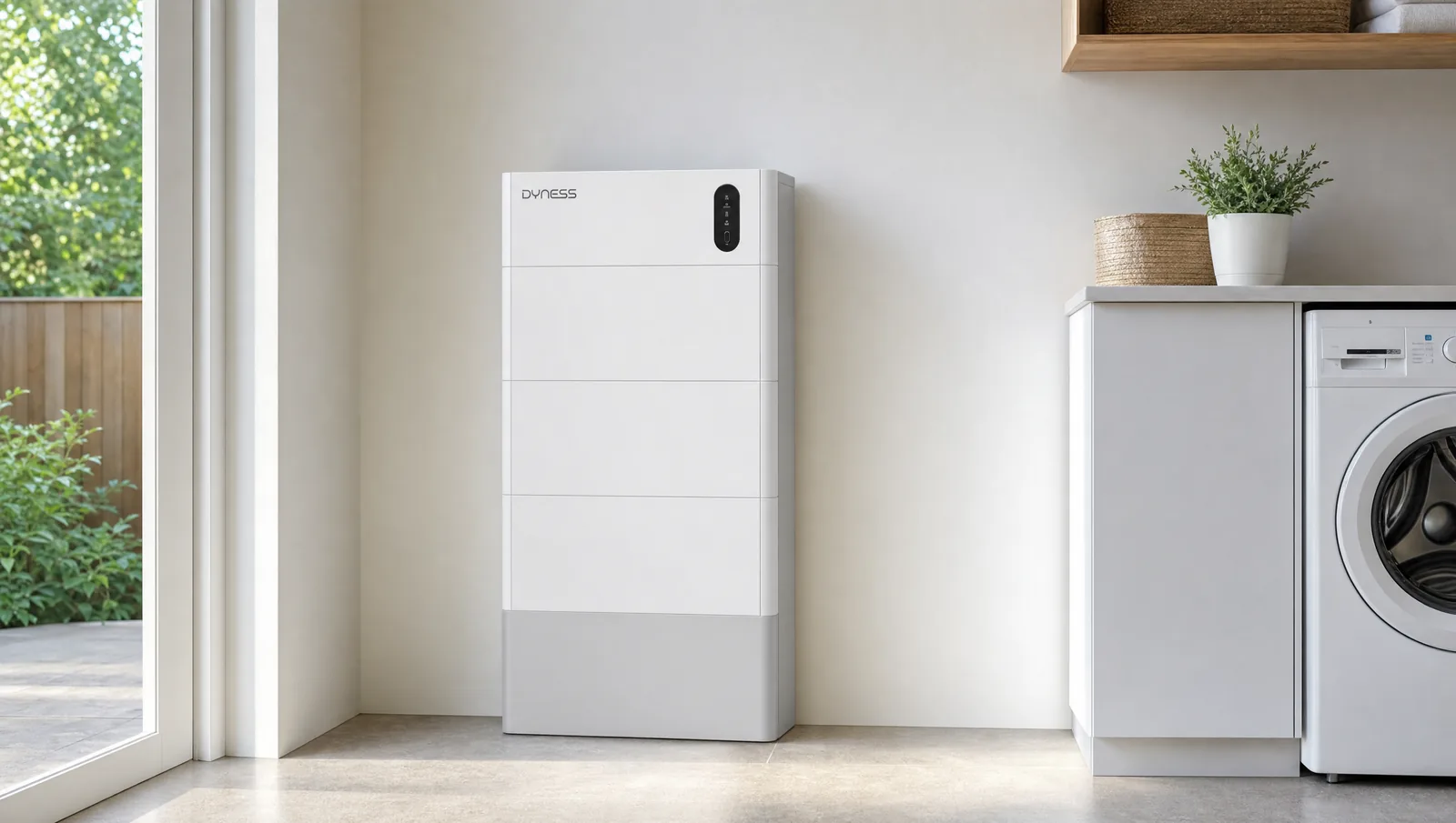 Compacte Dyness thuisbatterij van 10 kWh naast de wasmachine in een Nederlandse bijkeuken