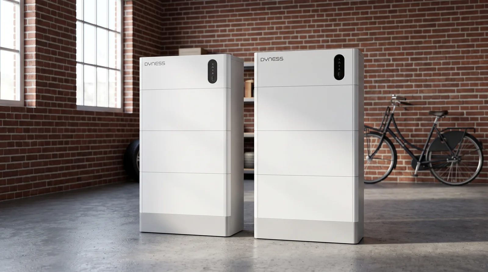Twee Dyness Tower thuisbatterijen van samen 20 kWh in een Nederlandse garage