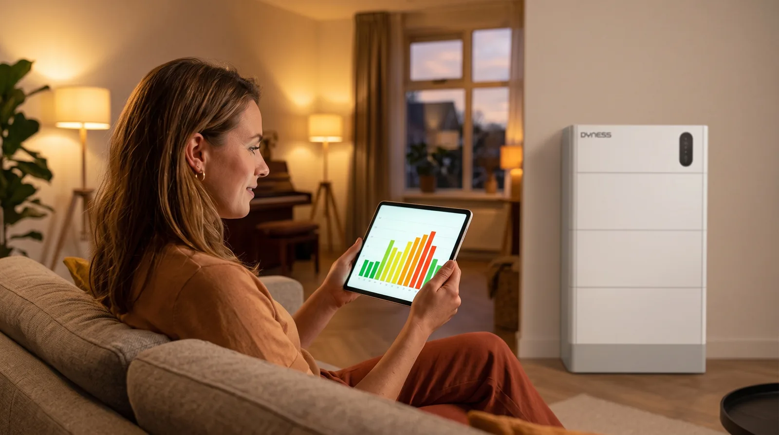 Vrouw bekijkt dynamische uurprijzen op een tablet met Dyness thuisbatterij op de achtergrond
