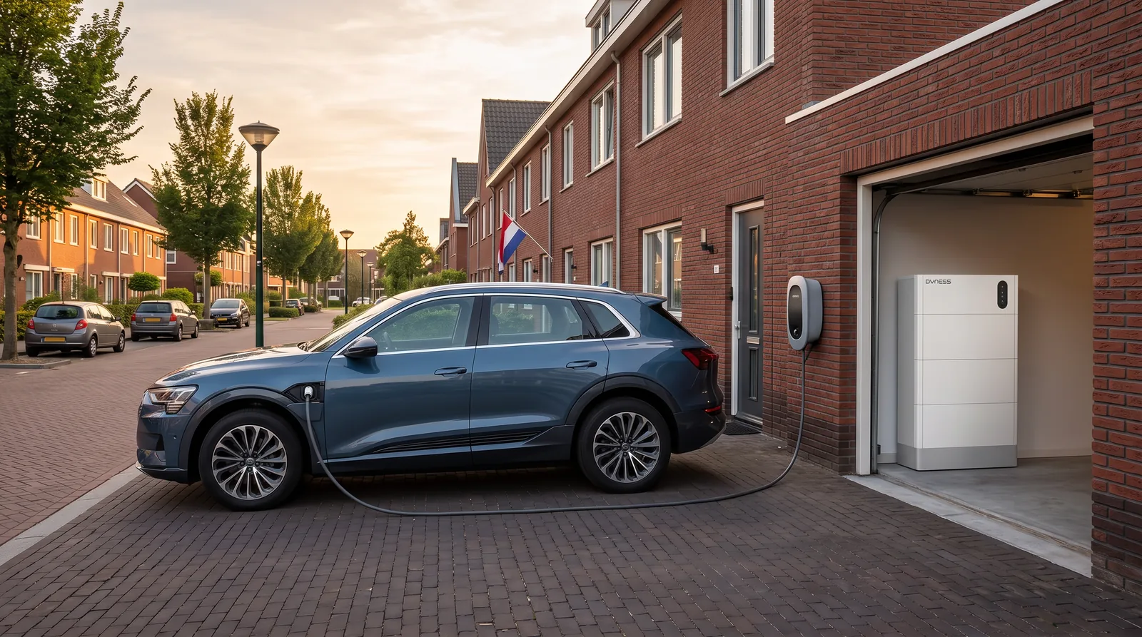 Elektrische auto laadt aan een laadpaal, met de thuisbatterij zichtbaar in de garage