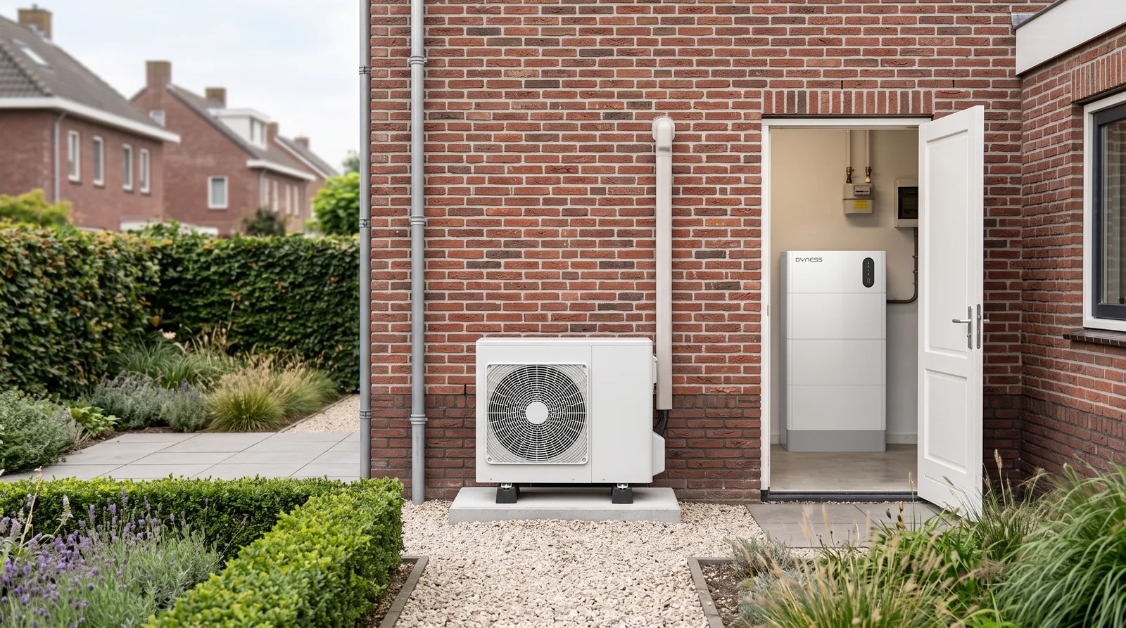 Warmtepomp-buitenunit aan een Nederlandse woning met thuisbatterij in de bijkeuken