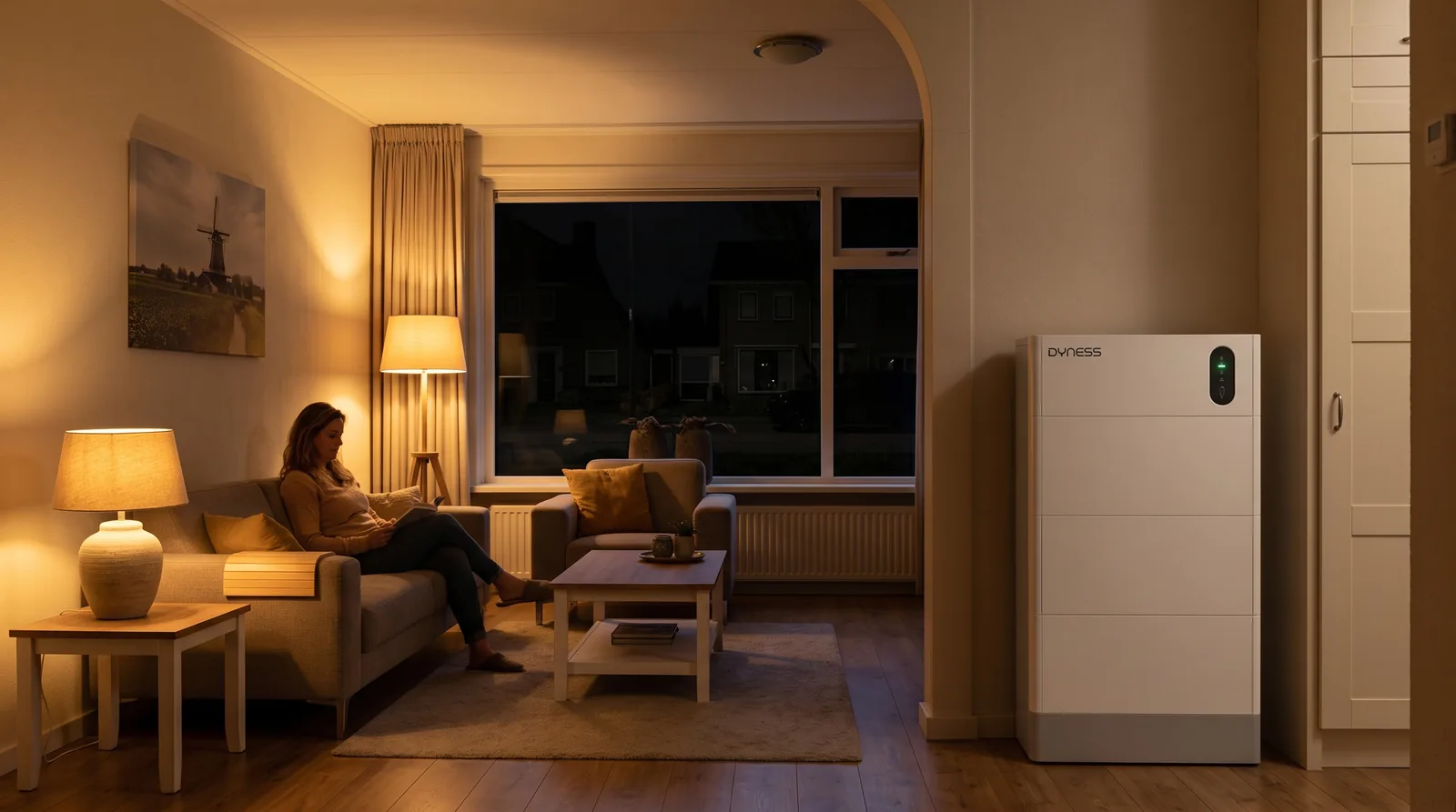 Woonkamer blijft verlicht tijdens een stroomstoring dankzij een thuisbatterij