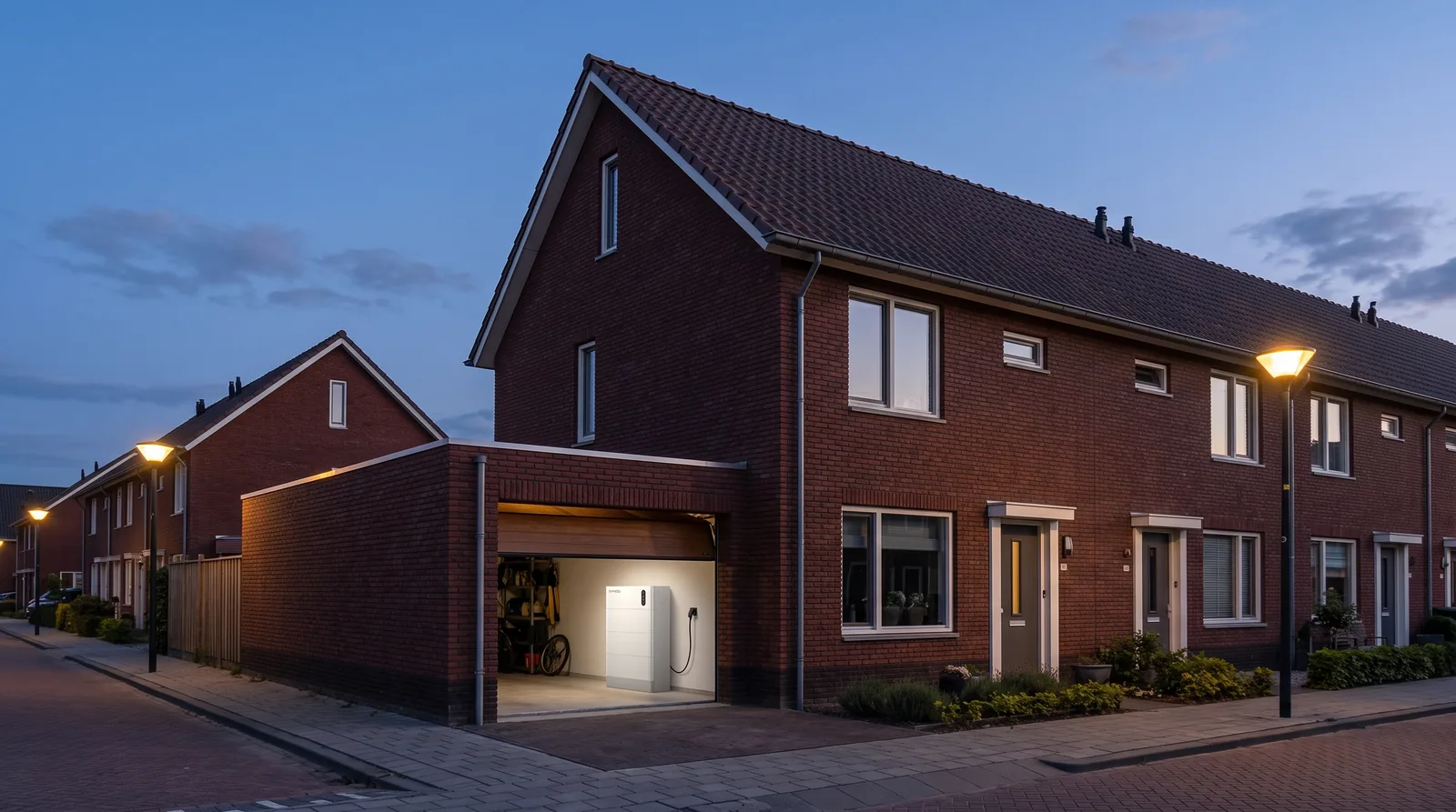 Rijtjeshuis zonder zonnepanelen in de avond met thuisbatterij in de garage