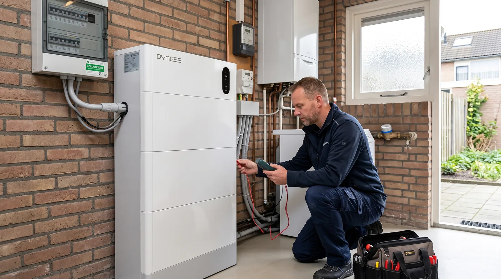 Installateur controleert een Dyness thuisbatterij in een Nederlandse bijkeuken