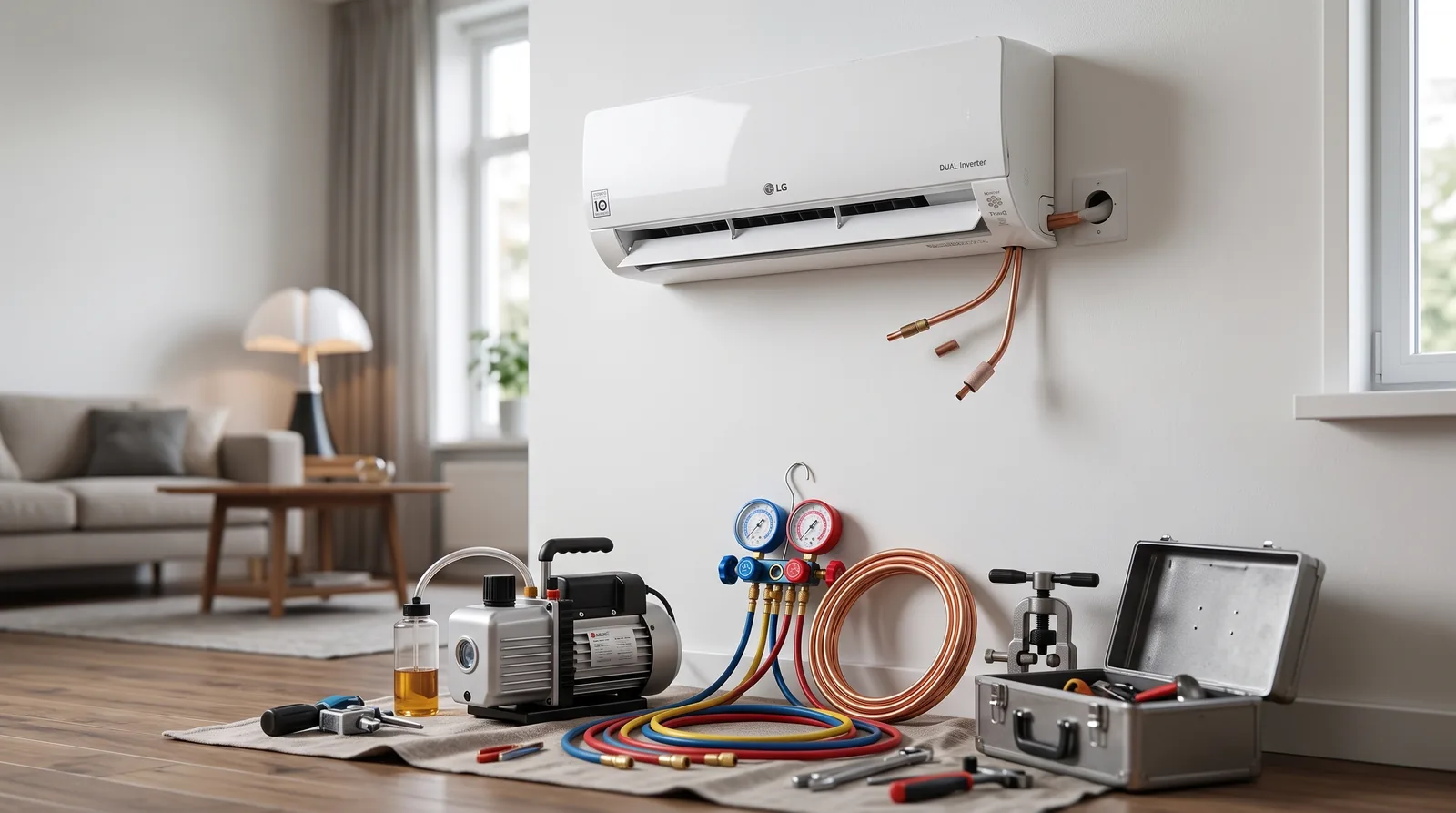 Installatiegereedschap onder een half geïnstalleerde LG airco-binnenunit